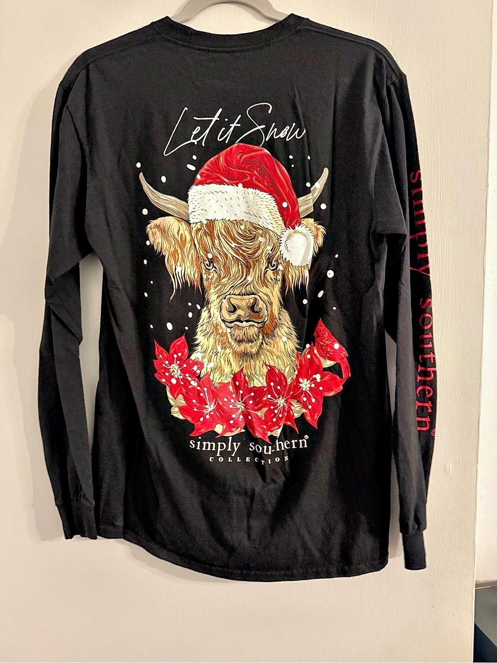 Simply Southern Let It Snow Highland Cow Long Sleeve T-Shirt Tee Black Medium